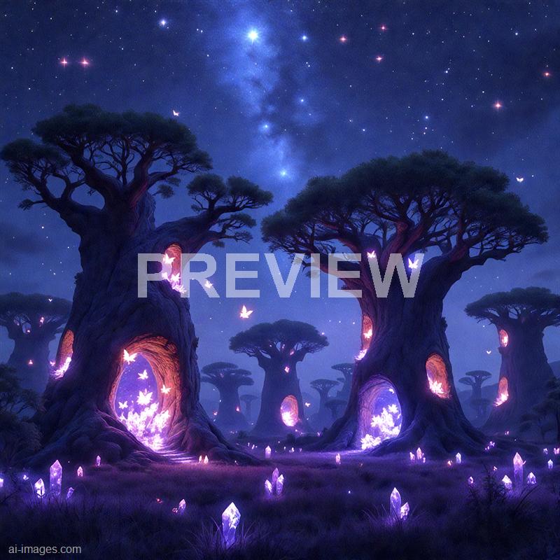 The image depicts a fantastical landscape with large, ancient trees that have glowing, luminous openings in their trunks, emitting a soft purple light. The scene is set at night under a star-filled sky, with a bright, dense band of the Milky Way visible overhead. Numerous glowing butterflies or fireflies are fluttering around the trees, adding to the magical and surreal atmosphere of the scene.